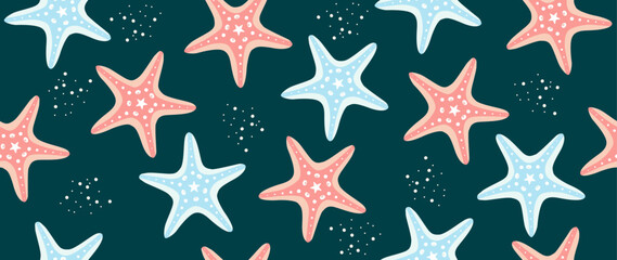 Vector flat illustration. Colorful seamless wallpaper pattern with starfish in blue and pink colors on a dark blue background. Ideal as a cover, gift wrap, textile design and more.