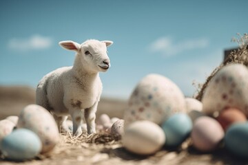 Banner of white Easter bunny and sheep with Easter eggs under a blue sky. Generative AI