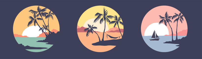 Fototapeta na wymiar Abstract tropical landscape. Three vector illustrations. Sunset in a bay with palm trees. Print for t-shirt in the shape of a circle