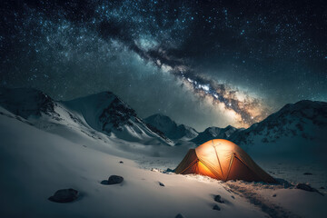 Camping in the snowy mountains on a Expedition. Beautiful winter nature landscape. A pitched tent under the shining stars of the milky way night sky with snowy mountains in the background, generative 