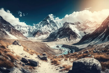 Panoramic view of himalayas mountains, Mount Everest. Panoramic view of the snowy mountains in Upper Mustang, Annapurna Nature Reserve, Nepal, generative AI