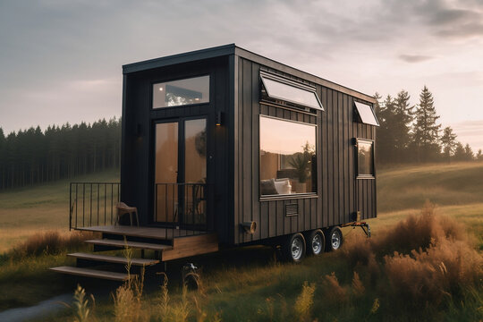 A photo of a modern tiny house on wheels parked in a picturesque location, promoting a minimalist and nomadic lifestyle that's eco-friendly and space-efficient.