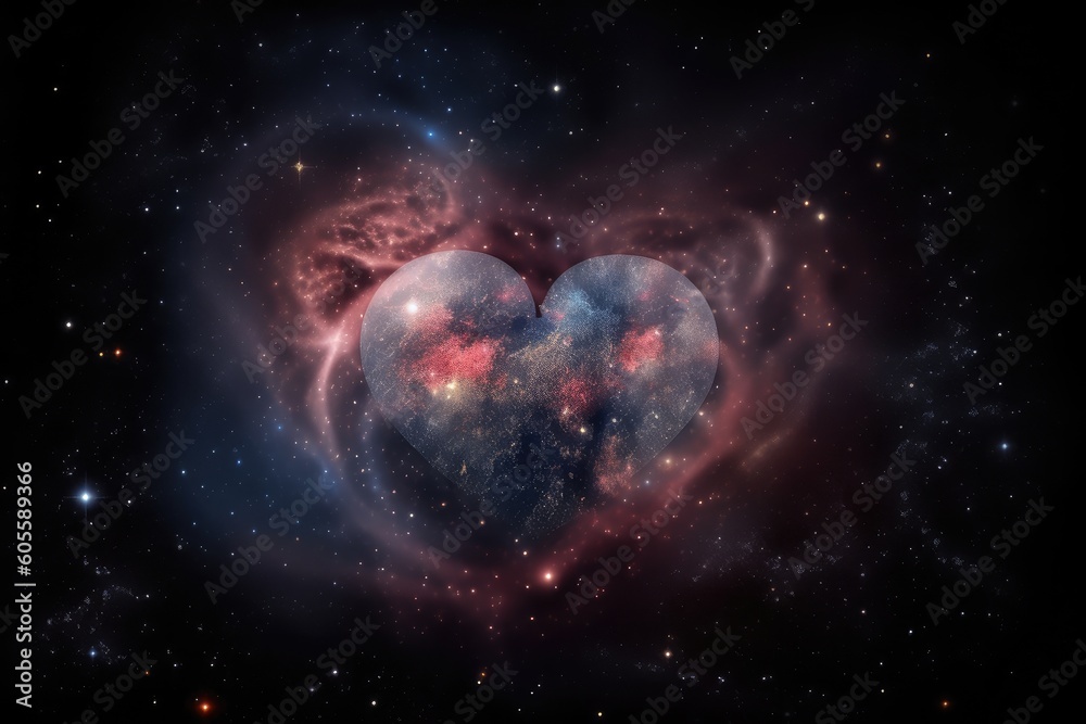 Poster heart-shaped nebula with stars and planets in the foreground, created with generative ai