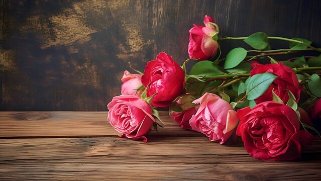beautiful roses on wooden background made with generative ai