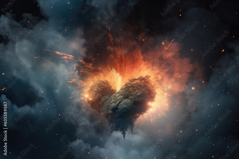 Sticker heart, with rays of light shining through clouds of nebula dust and gas, created with generative ai