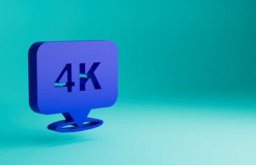 Blue 4k Ultra HD icon isolated on blue background. Minimalism concept. 3D render illustration