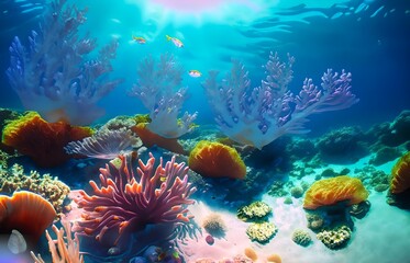 Fototapeta na wymiar A mesmerizing underwater oasis filled with vibrant coral reefs, colorful fish, and intricate seashells, illuminated by sunlight that creates captivating patterns on the sandy ocean 