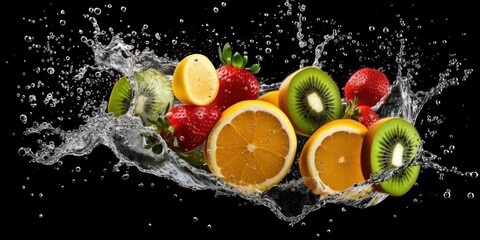 Various Fruit with Water Splash on Dark Background, Healthy fruits Rich in Vitamins. Generative Ai