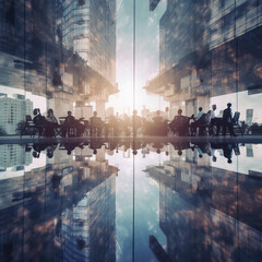 Partnership Success in Business: Double Exposure of Business People Conference Group Meeting with City Office Building in the Background, ,Created by Generative AI