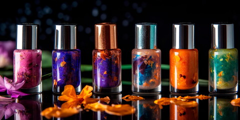 chemical-based nail polishes and natural, non-toxic alternatives made from plant-based ingredients, highlighting their long-lasting and vibrant colors. Generative AI