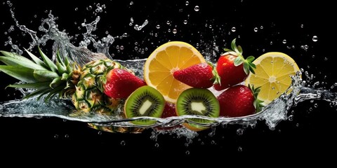Fototapeta na wymiar Various Fruit with Water Splash on Dark Background, Healthy fruits Rich in Vitamins. Generative Ai