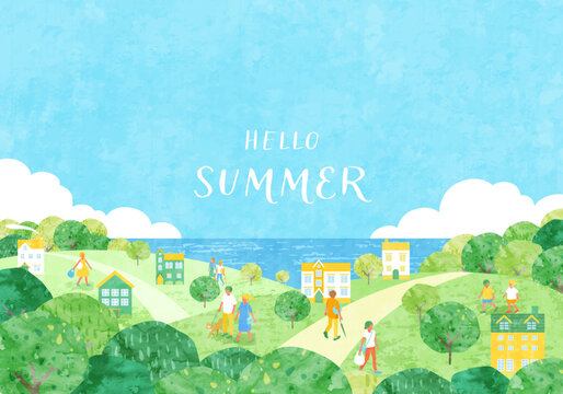 夏の街並みと人々のベクターイラスト背景(海,山)