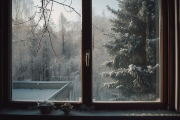 View of wintry outdoors from a window. Generative AI