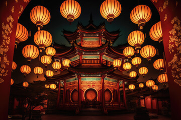 Fototapeta premium Traditional Chinese Buddhist Temple illuminated for the Mid-Autumn festival, many lanterns, generative AI