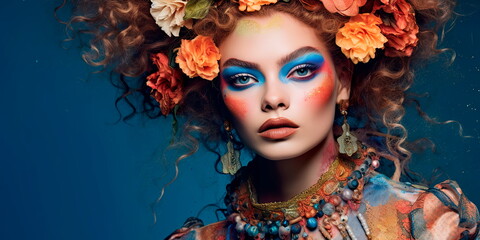 creating a high-fashion editorial makeup look, highlighting the use of unconventional colors, textures, and techniques. Generative AI - obrazy, fototapety, plakaty