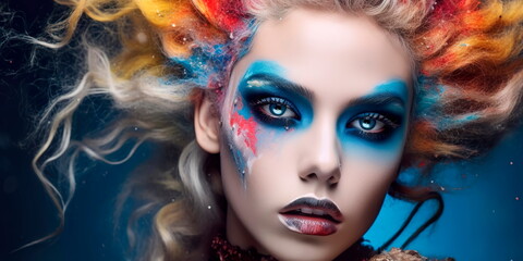 Obraz premium creating a high-fashion editorial makeup look, highlighting the use of unconventional colors, textures, and techniques. Generative AI