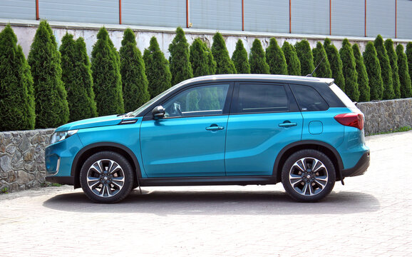 Vinnytsia, Ukraine; May 24, 2023. Blue Suzuki Vitara 2023 in the city street. Japan SUV Suzuki Vitara at the parking. Suzuki Escudo.