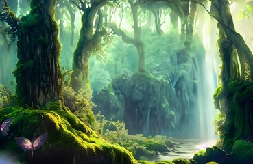 tropical forest in the jungle. "Enchanted Serenity: A Mystical Forest with Towering Ancient Trees, Sunlit Magic, and Mythical Creatures"