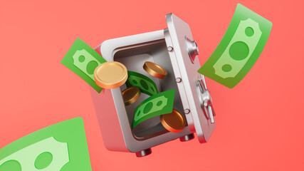 3D rendering, Gold coins and money falling out of an open safe box. The concept of currency protection. On a red background. - obrazy, fototapety, plakaty