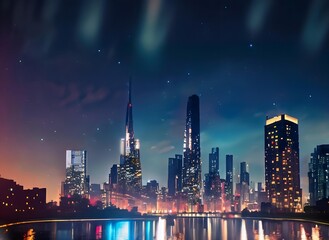 Obraz premium Nighttime Splendor: Capturing the Energy and Dynamism of Urban Life in a Cityscape