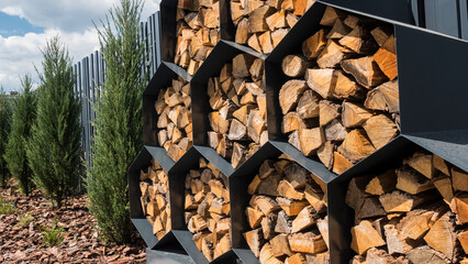 Stylish decorative firewood rack with cells in the form of honeycombs