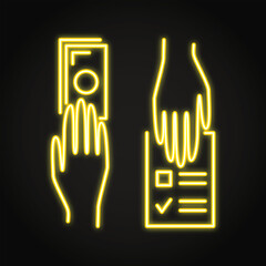 Hands exchanging money and voting paper neon icon