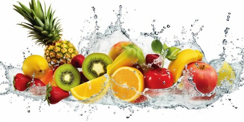 Fototapeta na wymiar Fruit with Water Splash on White Background, Healthy fruits Rich in Vitamins. Generative Ai