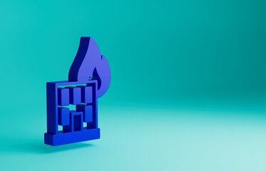 Blue Fire in burning building on city street icon isolated on blue background. Destroyed city on fire. Minimalism concept. 3D render illustration