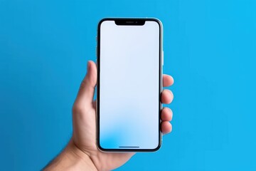 Hand holding smartphone isolated on blue background. Generative AI