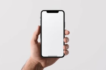 Hand holding smartphone isolated on white background. Created with AI