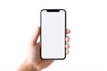 Fototapeta na wymiar Hand holding smartphone isolated on white background. Created with AI