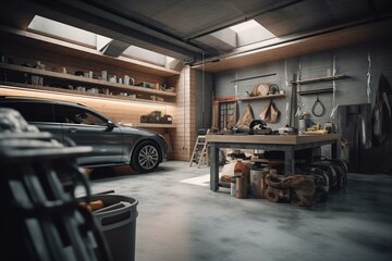 Obraz na płótnie Canvas Indoor garage with wooden shelves, parking car background, and DIY workbench for repairs. Tools, equipment & stuff storage on white walls. Generative AI