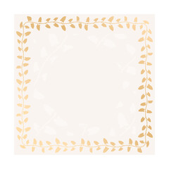 Square print template invitation card for celebration with frame from climbing plant. Beige and gold shades. Wedding frame with leaves. Gradient vector