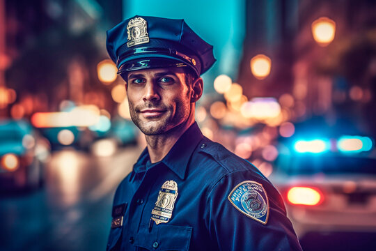 Portrait of a police officer next to his car at night