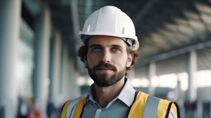 Portrait of a male engineer in a white helmet on a construction site.Generative Ai