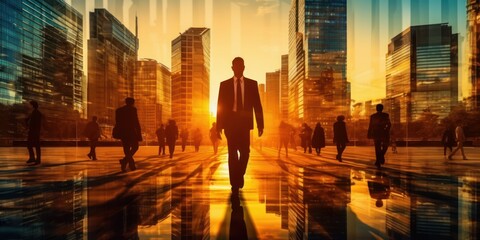 The Double Exposure of Businessman Walking Through Cityscape. Generative AI