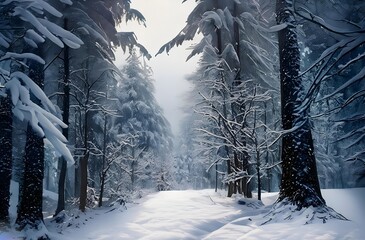 snow covered trees. Winter's Tranquility: An Ethereal Forest Journey

