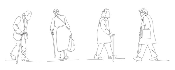 Fototapeta na wymiar Elderly people walking with canes. Vector illustration in line art style.