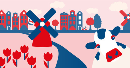 Holland scene The Netherlands, Dutch landscape scenery with windmills, canal houses, tulips and cow 
