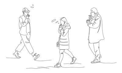 2 men and woman smoking outdoor. Vector illustration in line art style.