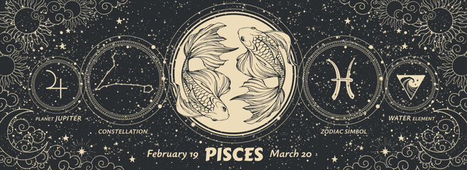 Pisces zodiac sign, graphic modern astrology banner on vintage black background with sun and moon. Realistic vector hand drawing, horoscope card, water element. - obrazy, fototapety, plakaty