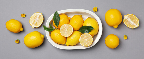 Concept of citrus fruit - lemon, top view
