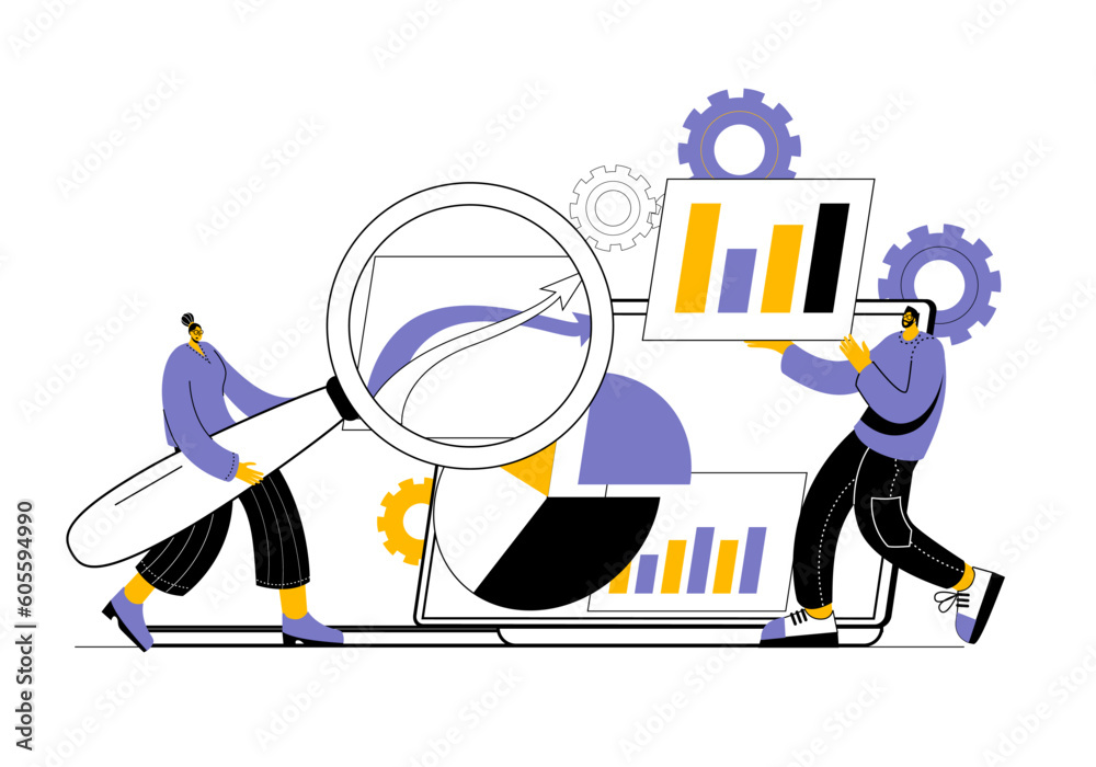 Aufkleber a team of analysts works with data in the form of various graphs on a laptop. funny vector illustrat