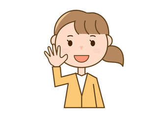 手を上げて笑顔で挨拶をするシンプルな若い女性のイラスト_カーディガン着用
