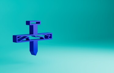 Blue Metallic nail and wood plank icon isolated on blue background. Minimalism concept. 3D render illustration