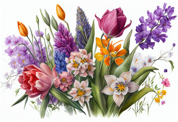 Beautiful spring flowers on a white background. Digital painting. Toned. 