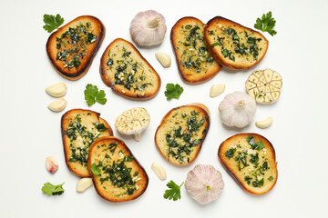 Tasty toasts with garlic, homemade products appetizer