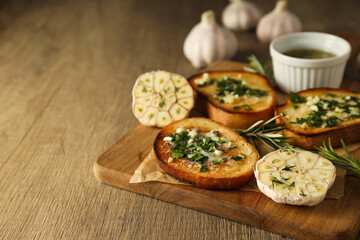 Tasty toasts with garlic, homemade products appetizer