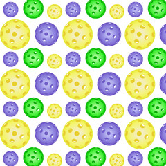 Seamless pattern with colorful pickleball balls. Pickleball Sports equipment for outdoor games. Backdrop for banners, print for sportswear, paper, fabrics. Vector illustration