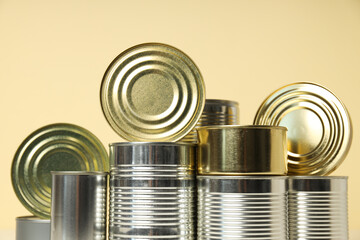 Canned food in blank metal jars, concept of canned food
